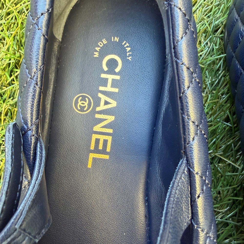 CHANEL CC LOGO BLUE LEATHER MARYJANE BALLET FLATS SHOES QUILTED BLACK CAP TOE 42 - Picture 7 of 17